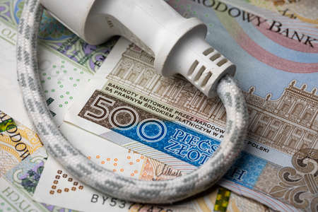 Electric cable with socket and many Polish banknotes. Rise of electricity price in Poland. Photo...