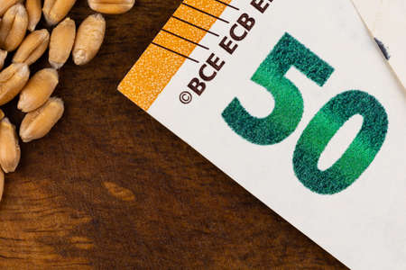 Wheat grains with details of 50 EUR banknote. Object lit with a uniform, soft light.の写真素材