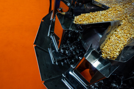 An industrial multihead weighing machine that prepares pea portions for packaging. The photo was taken under natural lighting conditions.の写真素材