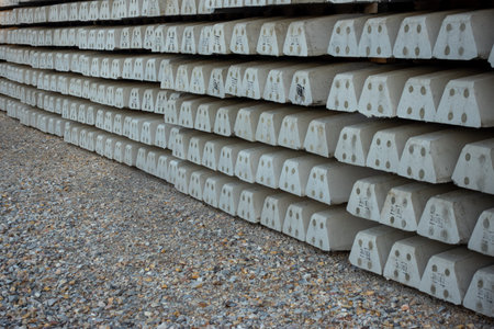 Stacks of concrete railway sleepers at the construction site of a new railway. Investments in rail transport as the basis for development.の写真素材