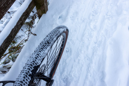 A snow-covered bicycle tire during a winter ride on snow-covered trailsの写真素材