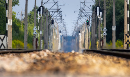 Air ripple over railroad tracks on a hot summer day. Super low angle perspective shotの写真素材