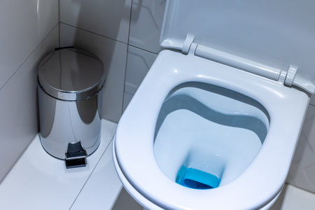 Close-up of the inside of a white toilet bowl. Toilet finished with white tilesの写真素材