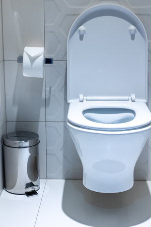 Toilet bowl in a white toilet. Toilet accessories near the toiletの写真素材
