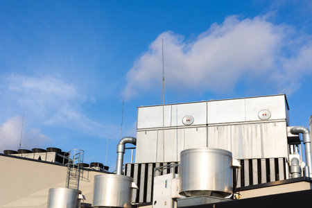 Central unit of the ventilation and air conditioning system on the roof of the building. The photo was taken in natural, soft light. View from above.の写真素材