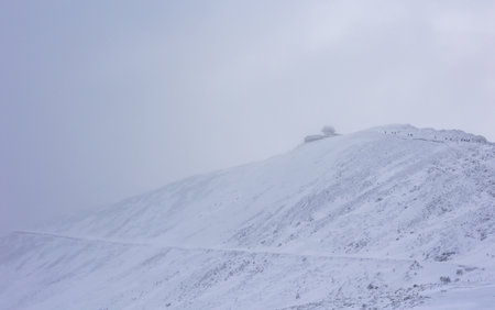 Tourists approaching the top of Mount Sniezka in very difficult weather conditions. Changing weather conditions in the mountains and icy trails cause accidents.の写真素材