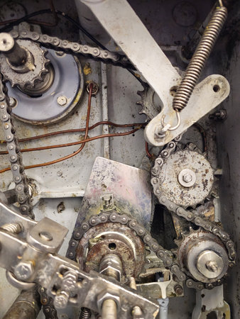 Sprockets and drive chain in an old industrial machine. Keeping machines in full working condition