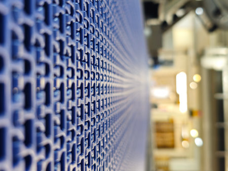 A close-up of a blue polyurethane belt in modular industrial conveyor system. Transport systems in...