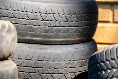 Worn and damaged tread of old tires lying in a landfill. Decreased road safety and environmental...