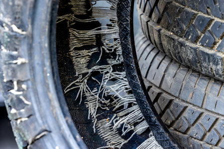 An old blown out car tire in a used tire landfill. Old tires polluting the environmentの写真素材