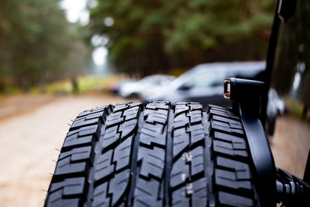 Deep tread of a new off road tire mounted on the rear door of an off-road vehicle. The photo was...
