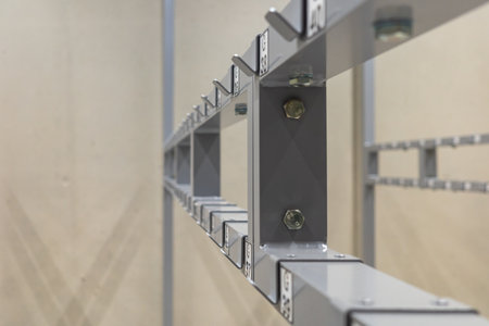 Racks with hooks for coats and jackets inside the public cloakroom. Photo taken in artificial light...