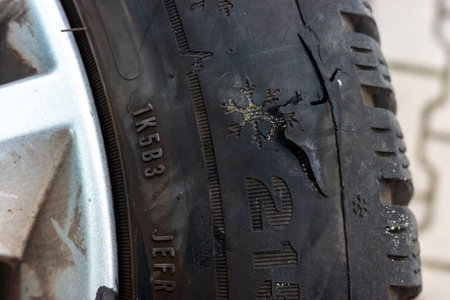 Tire torn apart after riding on sharp road obstacles. Big hole on the side of the tireの写真素材