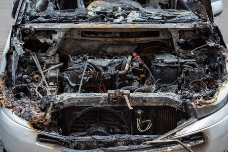 Burnt motor compartment of passenger car standing on the city street. Vehicle with interior largely burnt out.の写真素材