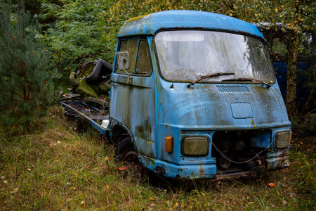 A blue truck abandoned in the woods. The vehicle eaten away by rust and covered in moss.の写真素材