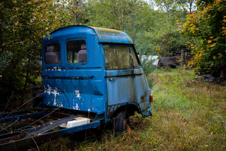 A blue truck abandoned in the woods. The vehicle eaten away by rust and covered in moss.の写真素材
