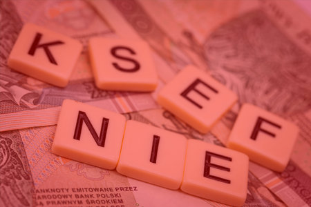 Blocks with the abbreviation KSEF NO, standing for negatives about National E-invoice System, are placed against a background of loosely spread Polish 100 PLN banknotes. The photo was taken under artificial lighting.の写真素材