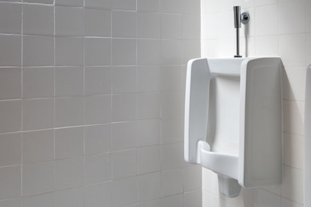 White urinals in the men's public restroom. The restroom walls are lined with white tiles, and the floor is white tiled.の写真素材