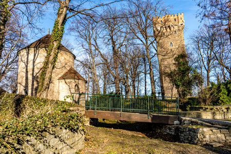 Cieszyn, castle hill with a tower and historic rotunda in winter. Silesia, Polandのeditorial素材