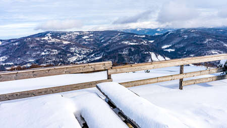 winter in Polish mountains, Silesian Beskids, view from the top of Czantoriaの写真素材