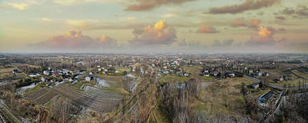 the suburbs of JastrzÄbie ZdrÃ³j in Silesia in Poland in winter from a bird's eye view before sunsetの写真素材