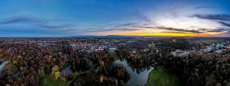 park in Pszczyna in the evening after sunset, in autumn from the bird's eye viewの写真素材