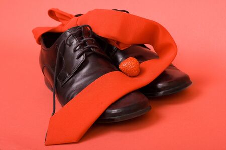 black shoes, tie and strawberryの写真素材