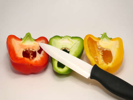 Extremely sharp knife cut in vegetablesの写真素材