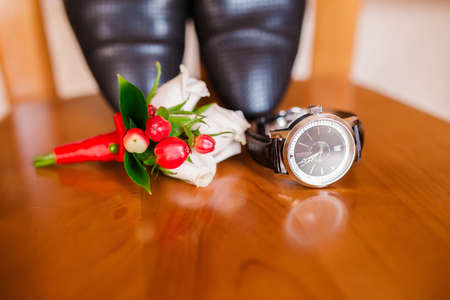 Men's shoes, watches and ties.の写真素材