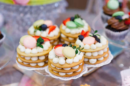 Multi-colored cakes in the plate with berries