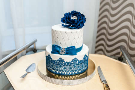 wedding cake. white and blueの写真素材