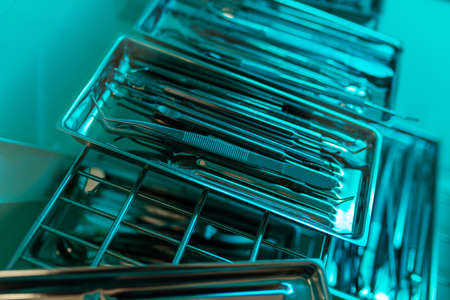 Close-up shot of a thermostat for sterilization of stainless steel dental tools in dentistry.の写真素材
