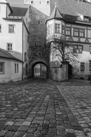 Rothenburg ob der Tauber, Germany - 18 February 2019: The streets of Rothenburg, Bavaria is federal state of Germany. Black and white shots of wintry, deserted Rothenburgのeditorial素材