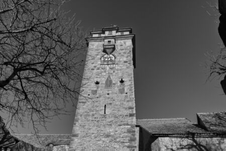 Rothenburg ob der Tauber, Germany - 18 February 2019: The streets of Rothenburg, Bavaria is federal state of Germany. Black and white shots of wintry, deserted Rothenburgのeditorial素材