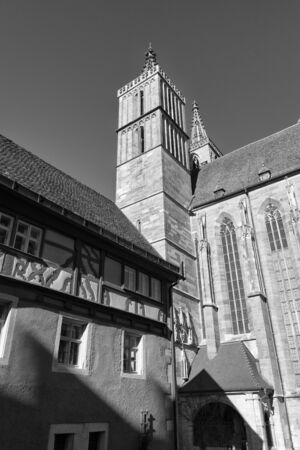 Rothenburg ob der Tauber, Germany - 18 February 2019: The streets of Rothenburg, Bavaria is federal state of Germany. Black and white shots of wintry, deserted Rothenburgのeditorial素材