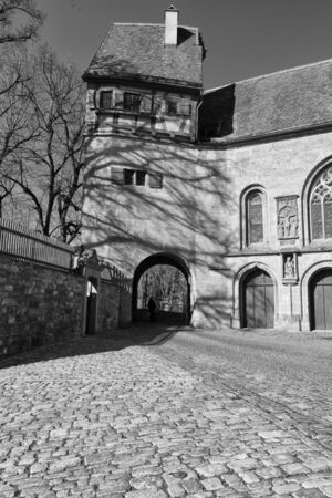 Rothenburg ob der Tauber, Germany - 18 February 2019: The streets of Rothenburg, Bavaria is federal state of Germany. Black and white shots of wintry, deserted Rothenburgのeditorial素材