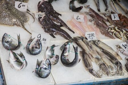 Naples, Italy - August 15, 2015 : Insight on fish market of Naples. Many individual marine fish and...