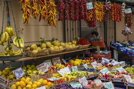 Naples, Sorrento Italy - August 10, 2015 : A view of the city of Sorrento. Vegetables and fruits sold on the street.のeditorial素材