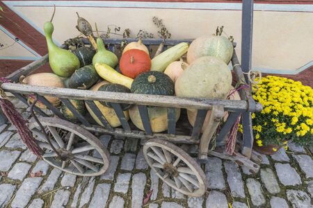 Bad Windsheim, Germany - 16 October 2019: View on the stone floor and autumn decoration with a wooden cart full of colorful pumpkinsのeditorial素材