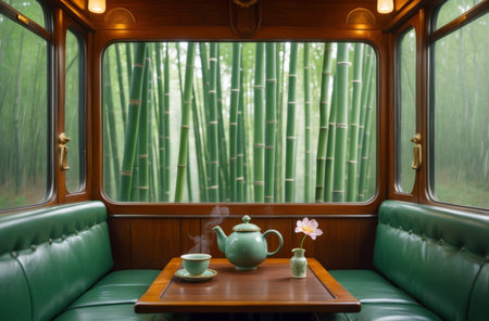 A stylishly furnished train compartment opens to a dense bamboo forest. The upholstered seating and set table evoke a classic, almost nostalgic mood. The combination of refined interior and untouched nature creates a calm, contemplative atmosphere with a sense of depth.の素材