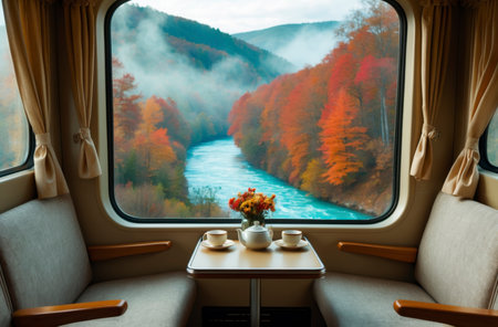 A cozy view from a train window reveals a stunning landscape with a river, autumnal forest, and gentle mountains. The elegantly furnished compartment with a set table evokes both calm and wanderlust. The scene blends comfort with nature, inviting quiet reflection.の素材