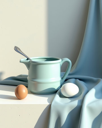 A minimalist still life depicts a light blue bowl with a spoon, accompanied by two eggs on a white pedestal. The background and drapery are made of soft light blue fabric, creating a calm and clear atmosphere.の素材