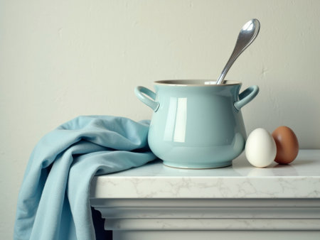 A minimalist still life depicts a light blue bowl with a spoon, accompanied by two eggs on a white pedestal. The background and drapery are made of soft light blue fabric, creating a calm and clear atmosphere.の素材