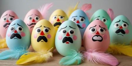 Vibrant Easter eggs with expressive faces are arranged on a rustic wooden surface. Each egg displays a different emotion, from happiness to surprise. Soft feathers in pastel colors surround the playful scene, adding a festive touch.の素材