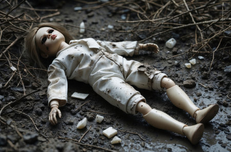 A cracked doll lies abandoned in the dirt, surrounded by broken twigs and debris. Its fractured surface and closed eyes evoke deep associations with trauma, war, and the silent suffering of forgotten childhoods. The image becomes a haunting symbol of innocence lost in disaster zones, whether shaped by conflict, earthquakes, or neglect.の素材