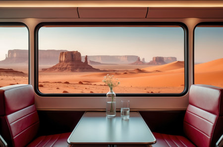A modern train compartment with minimalist design opens to a vast desert landscape with prominent mesas. The low sun casts a reddish-golden light across the scene. The quiet composition of glass, metal, and sand speaks of heat, vastness, and focused presence.の素材