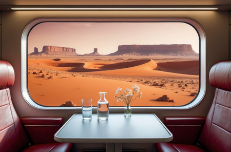 A modern train compartment with minimalist design opens to a vast desert landscape with prominent mesas. The low sun casts a reddish-golden light across the scene. The quiet composition of glass, metal, and sand speaks of heat, vastness, and focused presence.の素材
