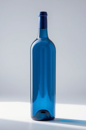 A sleek, deep-blue glass wine bottle stands isolated on a bright surface against a neutral background. The elegant shape, translucent material, and subtle reflections create a refined, minimalist aesthetic. The image highlights the interplay of light, shadow, and transparency.の素材