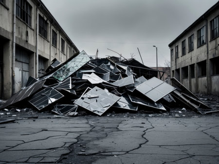 A disheartening pile of broken solar panels lies abandoned in front of an industrial building. The scene raises an uncomfortable question: What happens to the promise of sustainability when the lifecycle ends? This image calls for a more mindful approach to the side effects of green technologies.の素材