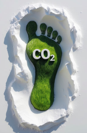 A green footprint marked with CO2 is deeply embedded into a white surface. The image symbolizes humanity's ecological footprint and invites reflection on environmental responsibility and personal consumption.の素材